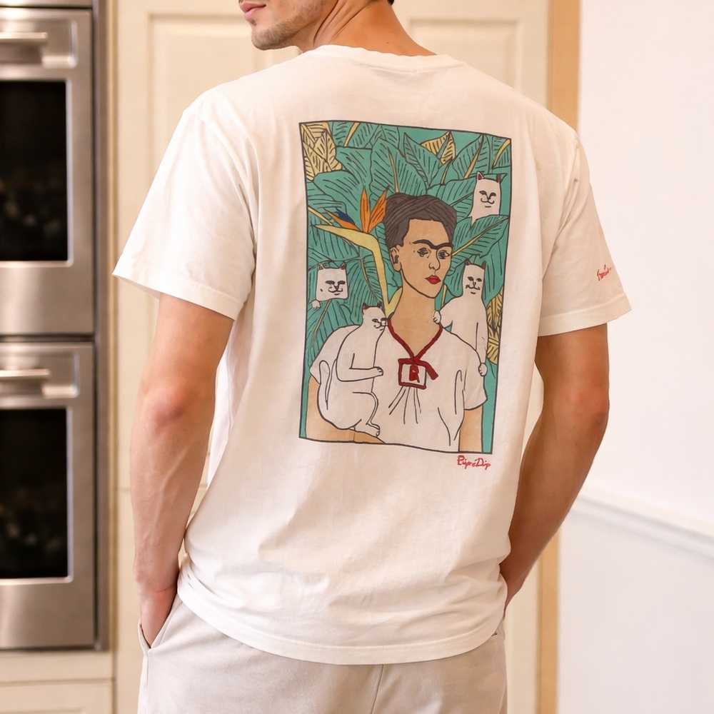 Ripndip pale yellow Cream Tee with Freida Khalo novelty Cat Graphic T medium